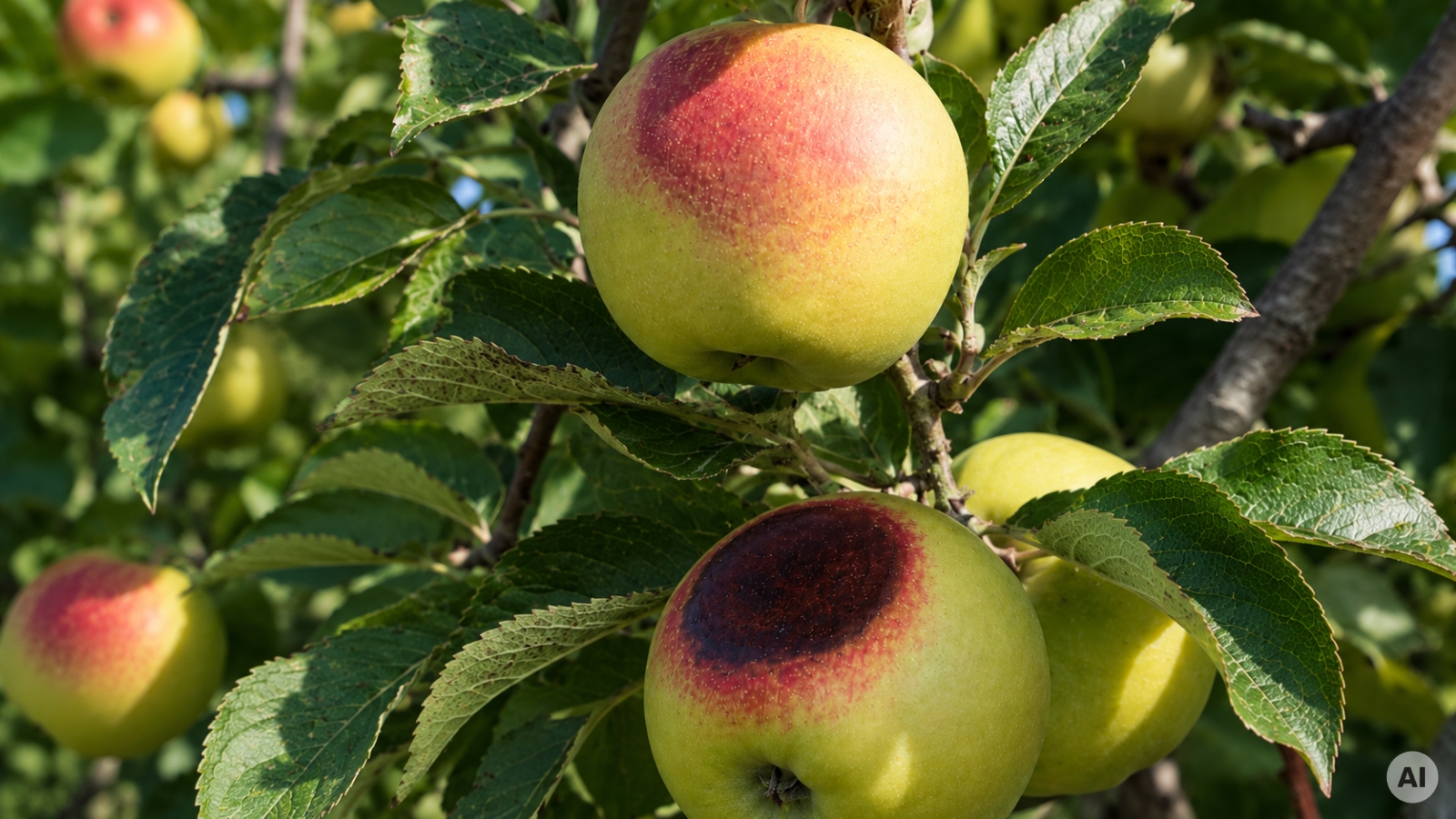 Appels met zonnebrand die door de hitte 'koken' aan de boom | foto gemaakt met AI